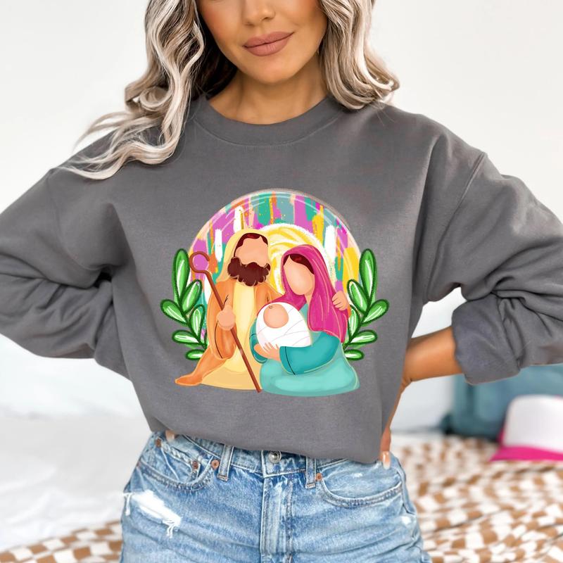 Colorful Glitter Christmas Nativity Sweatshirt, Oh Come Let Us Adore Him & Baby Jesus Tee, Brushstroke Christian Designs, Cute Tee, Gift for Family, G