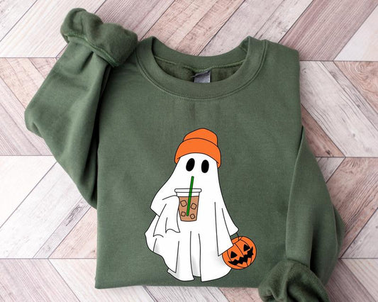 Cute Ghost Drinking Coffee Crewneck Sweatshirt, Hoodie, T-shirt