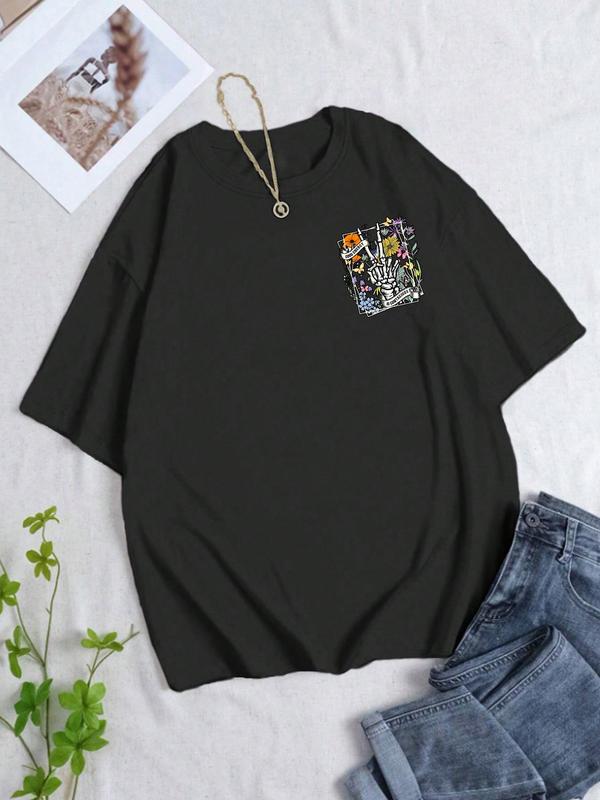 Women's Letter & Skull Print Drop Shoulder Tee,Â Back To School Outfits, Casual Round Neck Half Sleeve T-Shirt for Daily Vacation Outdoor, Ladies Summe