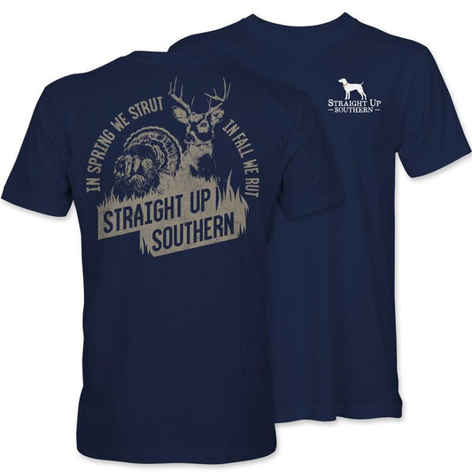 Strut and Rut - Turkey and Whitetail Buck Hunting T-Shirt - Navy Classic Collar