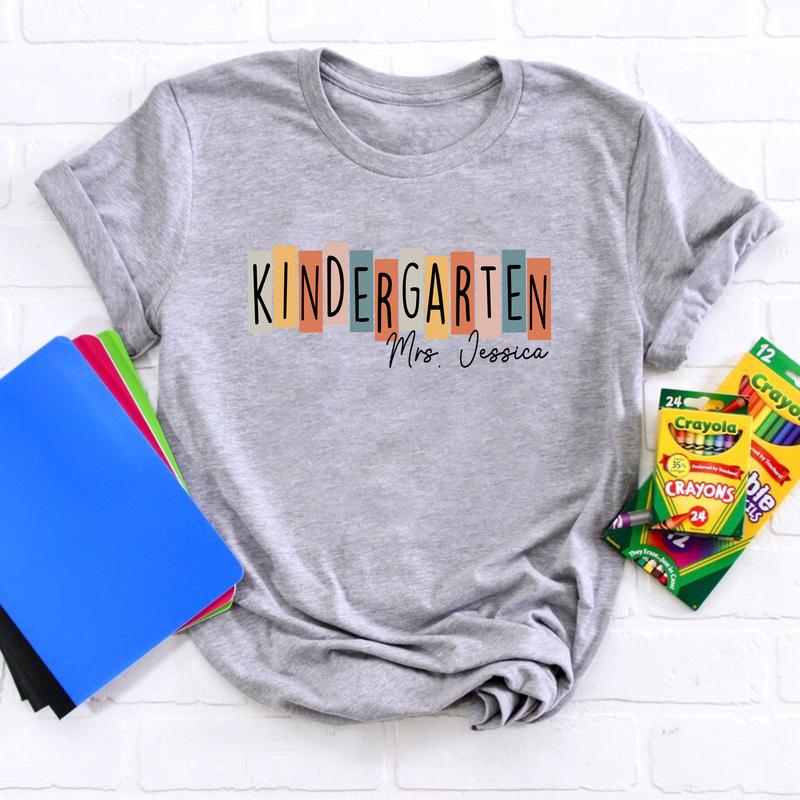 Happy First Day Of School Kindergarten Teacher Shirt, Custom Name Shirt, Personalized Teacher Shirt (Please Inbox In Message), Kindergarten Teacher Sh