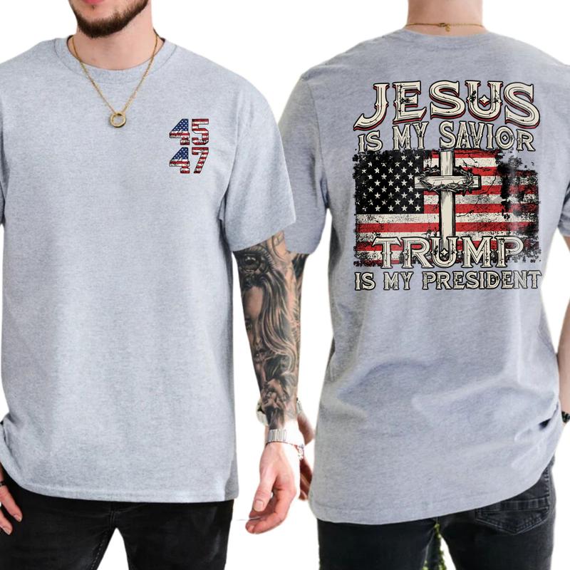 Jesus Is My Savior Trump Is My President T-Shirt, Patriotic Christian Shirts, Religious Political Statement Tee, American Flag Design