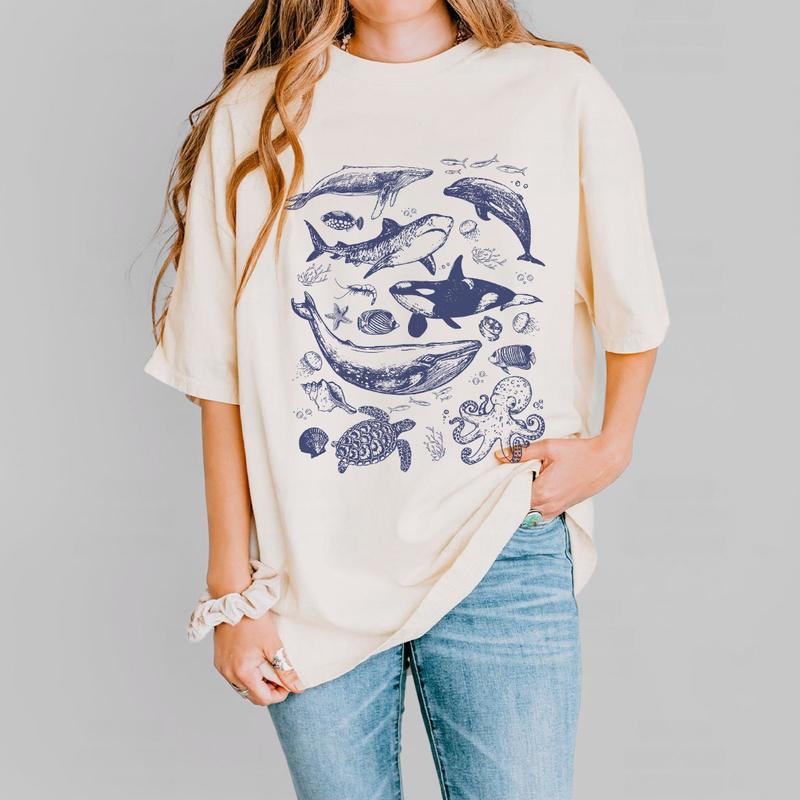 Vintage Sea Annimal Shirt, Ocean Animal Shirt, Ocean Nature Shirt, Gift For Her, Dolphin Shirt, Turtle Tee, Ocean Shirt for Women, Hello Summer Shirt,