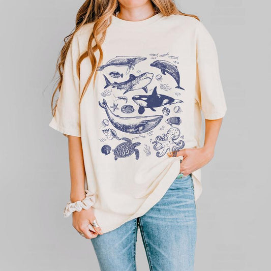 Vintage Sea Annimal Shirt, Ocean Animal Shirt, Ocean Nature Shirt, Gift For Her, Dolphin Shirt, Turtle Tee, Ocean Shirt for Women, Hello Summer Shirt,