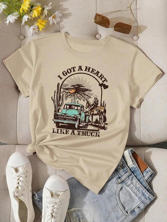 Women's Vintage Graphic Round Neck Tee, Casual Cowboy & Car Print Short Sleeve Crew Neck T-Shirt for Summer, Fashion Women's Top for Daily Wear