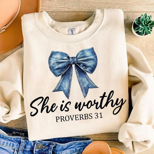 She is Worthy Bow Tee, Women's Christian Shirts, Cute Christian Coquette Sweatshirt, Girly Faith Shirt