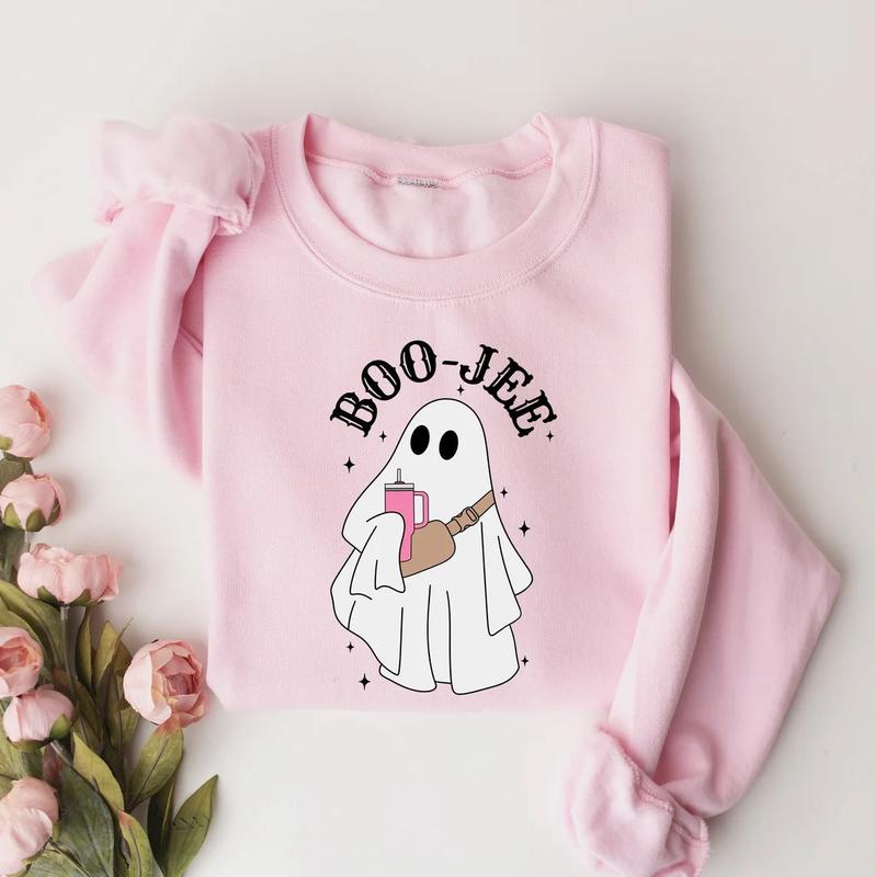 Boo Jee Ghost Sweatshirt, Halloween Crewneck, Spooky Ghost Sweatshirt Unisex Classic Collar Printed