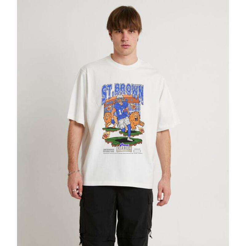 Amon Ra St.Brown Planet Euphoria Football T-Shirt Cotton Short-sleeve Retro Streetwear Tshirt Menswear Top Shortsleeve Underwear