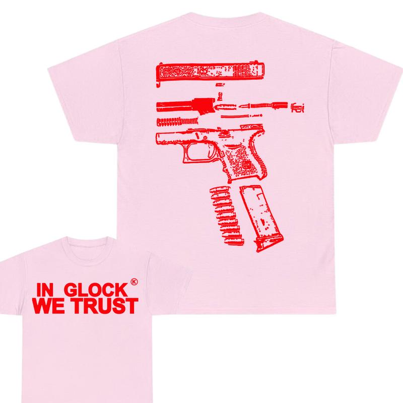 IN GLOCK WE TRUST 2 side T-shirt,Design Red, T-shirt For Men,Full color, Menswear Top, GIft For Men Cotton Classic