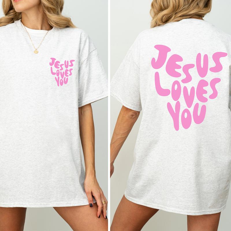 Jesus Loves You Letter Prints 2 Sided T-Shirts For Women, Comfort Clothing, Cotton Fabric Tshirt, Printed Women's Top, Casual Womenswear