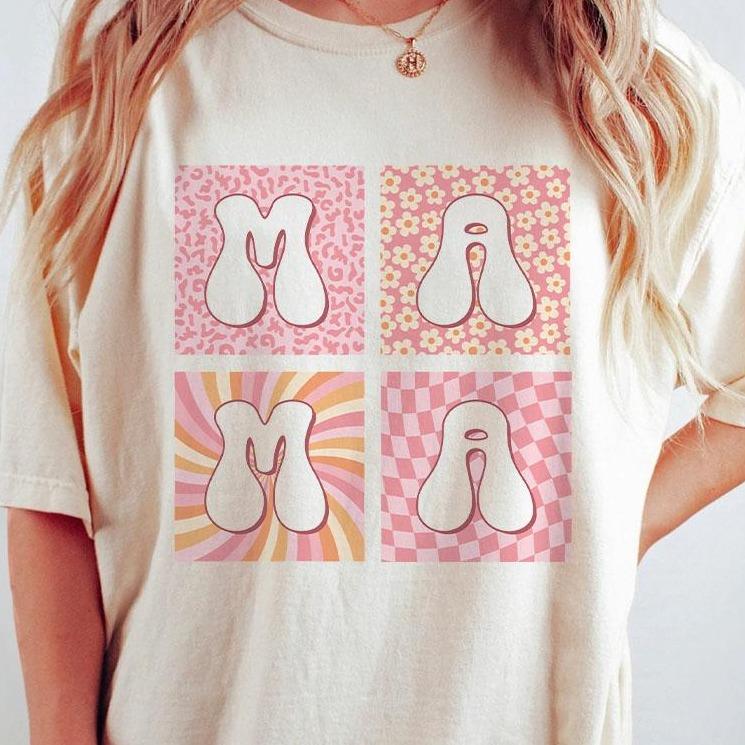 Retro Mom Comfort Colors Shirt, Retro Boho Mama T-Shirt, Checkered Mama Tee, Boho Floral Mama Shirt, Groovy Flower Mom Shirt, Mothers Day Gift For Mom