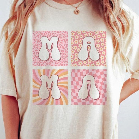 Retro Mom Comfort Colors Shirt, Retro Boho Mama T-Shirt, Checkered Mama Tee, Boho Floral Mama Shirt, Groovy Flower Mom Shirt, Mothers Day Gift For Mom