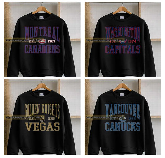 Gildan Black All Hockey Teams Sweatshirt, Vintage Hockey Crewneck, Casual Cotton, 100% Cotton, Comfortable Fit, Machine Washable - Fabric