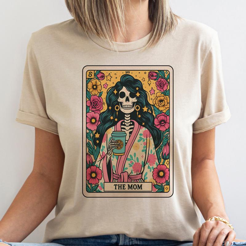 Tarot Skeleton Mom Tees Tarot Card Mom Rocker Tshirts Skull Mom T-Shirts Womens Skull Tees Floral Skull Tops Mom Tarot Tees