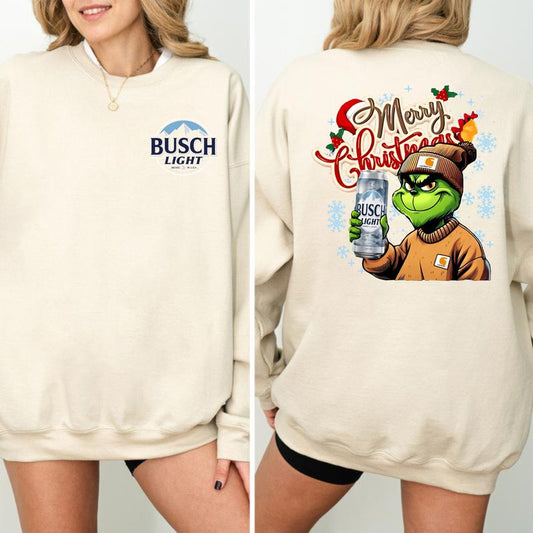 MERRY CHRISTMAS BUSCH LIGHT GRYNCH 2 Sided Sweatshirt, Christmas Sweatshirt with beer, Unisex for Men and For Women