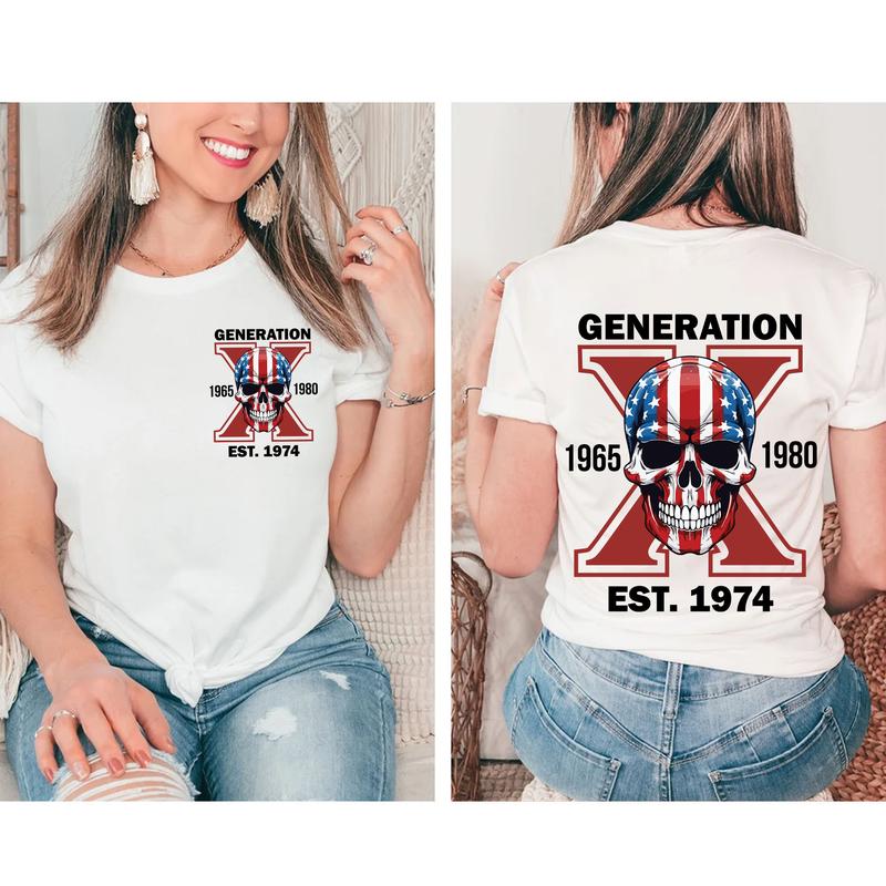 Custom Est.Year 1974 Flag Skull Proud Member GenerationX 2 Side Shirt, GenX T-shirt, Skull GenerationX Shirt, Flag Skull Shirt V2