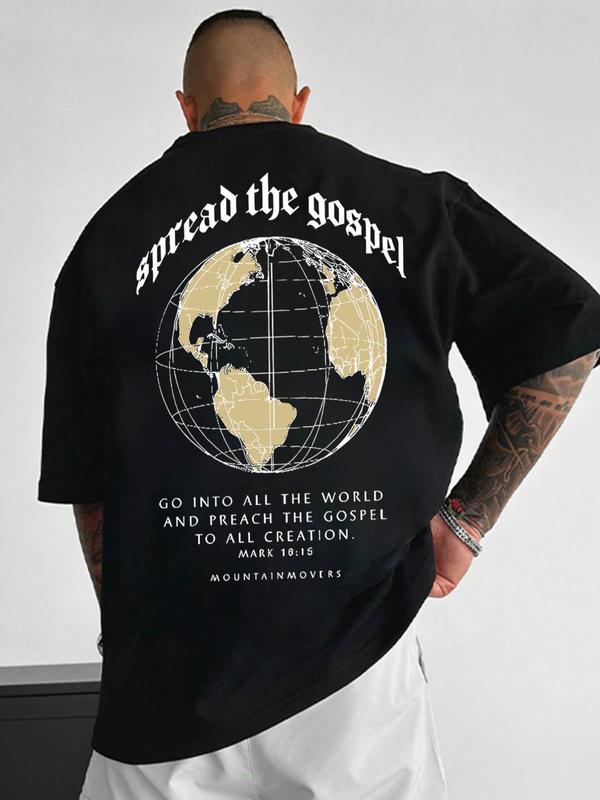 Men's Regular Fit Letter & Earth Print Round Neck Tee, Casual Short Sleeve Crew Neck T-shirt for Summer, Graphic Tees, Fashion Men's Streetwear Top fo