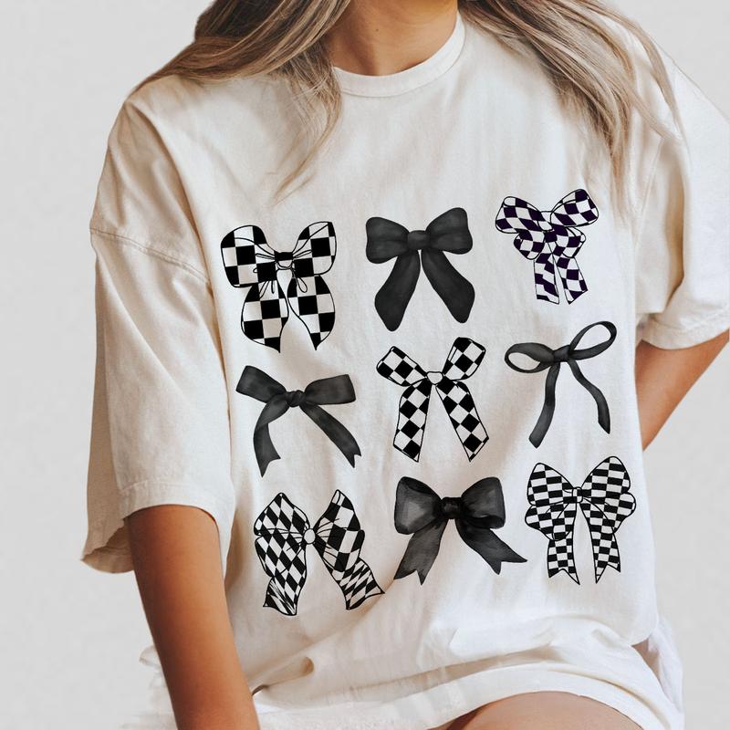 Coquette Checkered Black Bow Shirt, Black Bows Coquette Shirt, Gift for Her, Gift for Mom, T-Shirt for Women, Coquette Bows Checkered T-Shirt, Black B