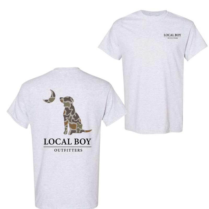 Local Boy Outfitters T-Shirt - Classic Camouflage Dog Design Featuring Moon Graphics