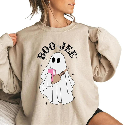 Boo Jee Ghost Sweatshirt, Halloween Crewneck, Spooky Ghost Sweatshirt Unisex Classic Collar Printed