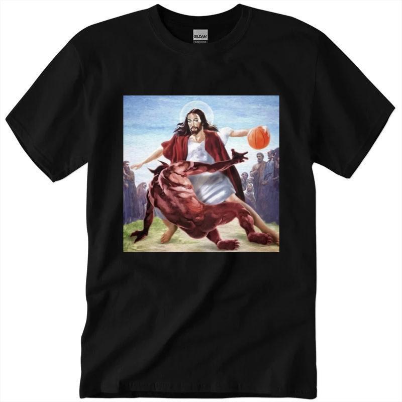 Jesus Crossing Up The Devil T-Shirt, Jesus Basketball Shirt Unisex Classic Cotton Collar Fabric