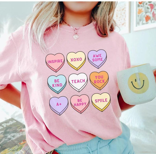 Candy Heart Valentines Day tee, Conversation Hearts Valentines Shirt for teachers, Teacher Valentines Shirt