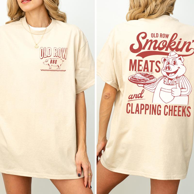 Old Row The Smokin Meats Graphic 2-Sided Shirt, Retro Pig Cooking T-Shirt, Smoking Meats Clapping Cheeks Tee, Comfy Cotton Clothing, Casual Womenswear