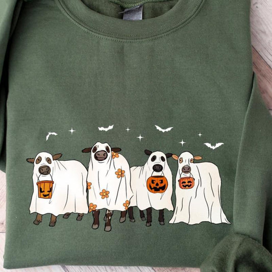 Ghost Cows Halloween Crewneck - Sweatshirt - Hoodie, Gildan Sweatshirt, Full Color, For Men, For Women, Casual, Classic Fashion, Full Sizes, Tee Print