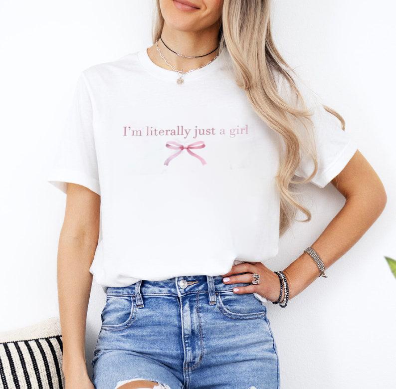 Women's i'm A Literally Just A Girl Slogan & Bow Print Round Neck Crop Tee, Fashion Casual Short Sleeve T-shirt for Daily Holiday Vacation Outdoor Wea