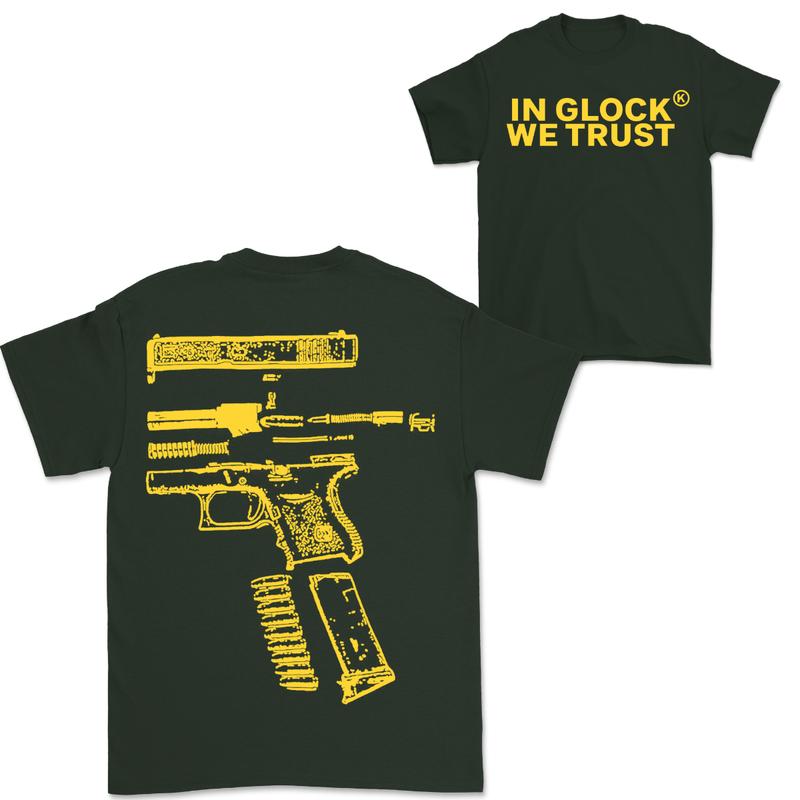 In Glock We Trust Double-Sided Yellow Design Shirt - Full Color Edition Menswear Top