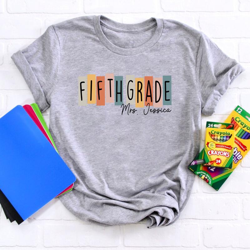 Happy First Day Of School 5th Grade Teacher Shirt, Custom Name Shirt, Personalized Teacher Shirt ( Please Inbox In Message), Fifth Grade Teacher Shirt