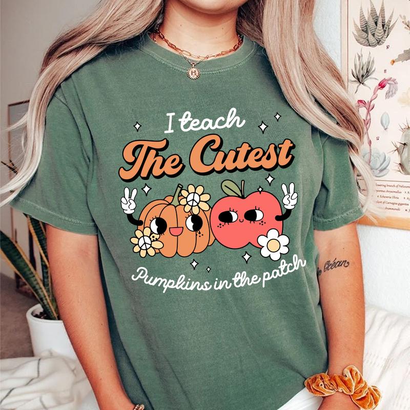 I Teach The Cutest Pumpkin In The Patch Shirt, Fall Teacher Shirt, Groovy Autumn Teacher Shirt, Retro Teacher Shirt, Pumpkin Teacher Shirt fall graphi