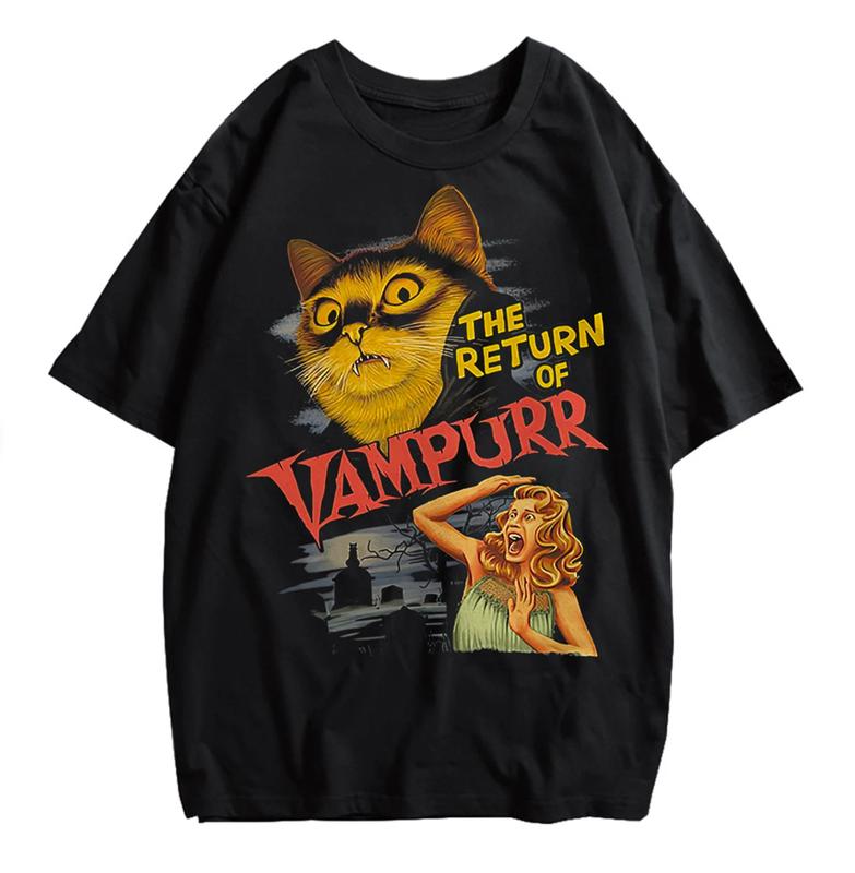 Funny Retro Vampire Horror Movie Cat Meme Shirt Menswear Top Underwear Man Human Streetwear T-Shirt Crewneck Round Neck Tropical