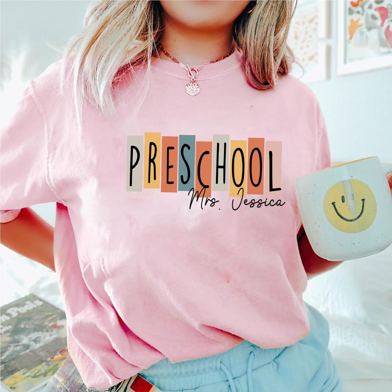 Happy First Day Of School Preschool Teacher Shirt, Custom Name Shirt, Personalized Teacher Shirt (Please Inbox In Message), Preschool Teacher Shirt, P