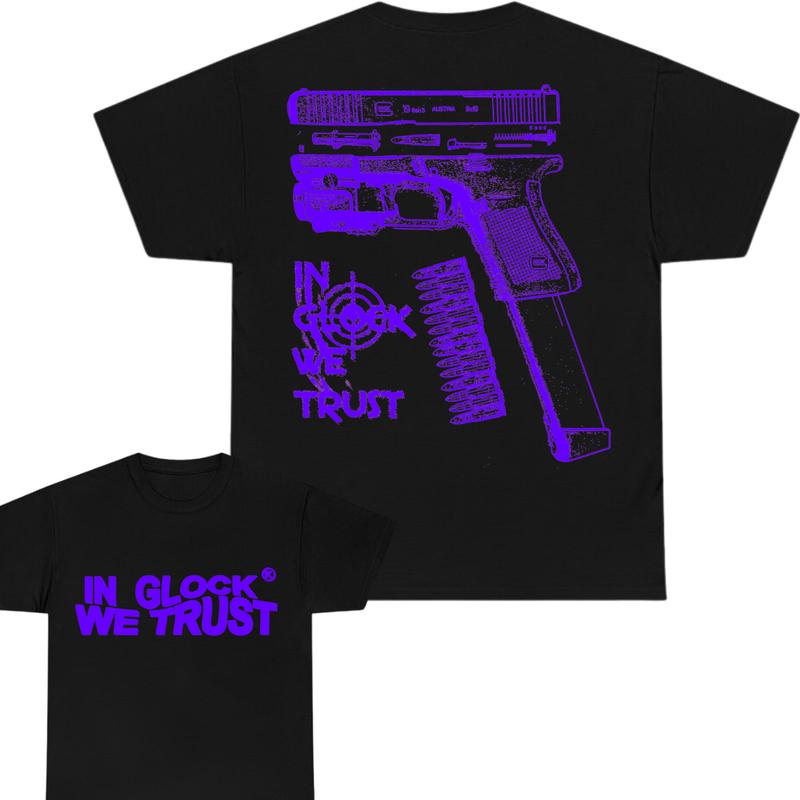 In Glock We Trust Limited edition Double Sided Print ,Full Color Cotton Classic Glock Tshirt for Men and Women - 'In Glock We Trust' - Menswear Collar