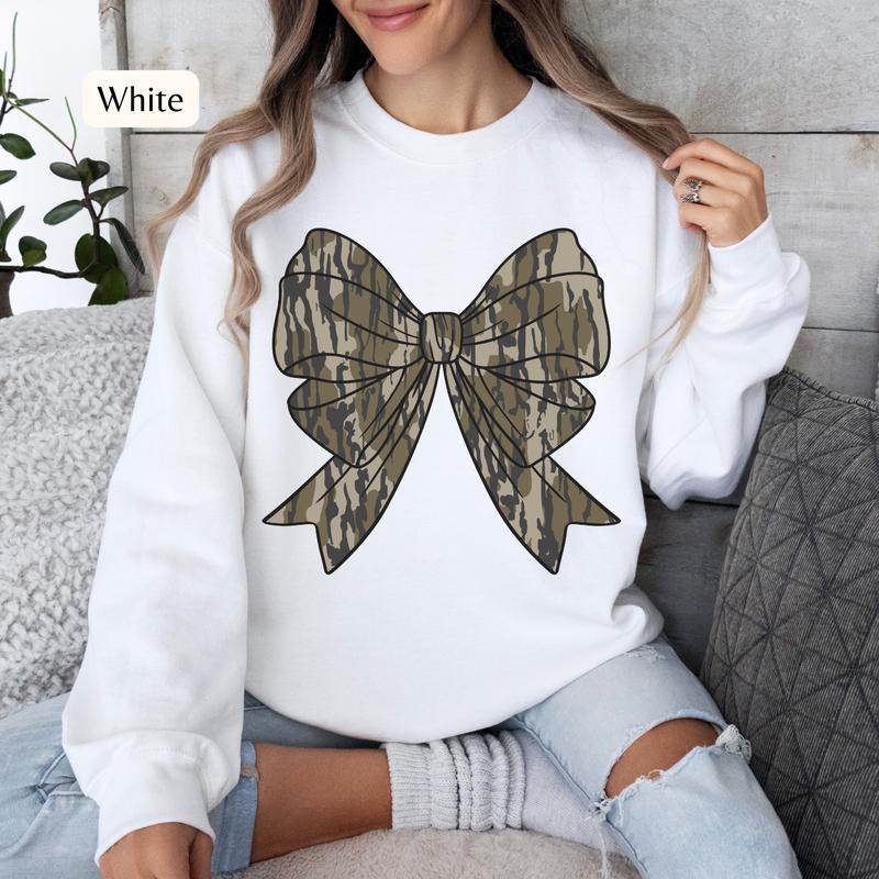 Coquette Camo Bow Sweatshirt, Camo Crewneck, Women's Hunting Sweatshirt, Wife Hunting Crewneck, Dove Hunting Duck Hunting Crewneck Sweatshirt for Wome