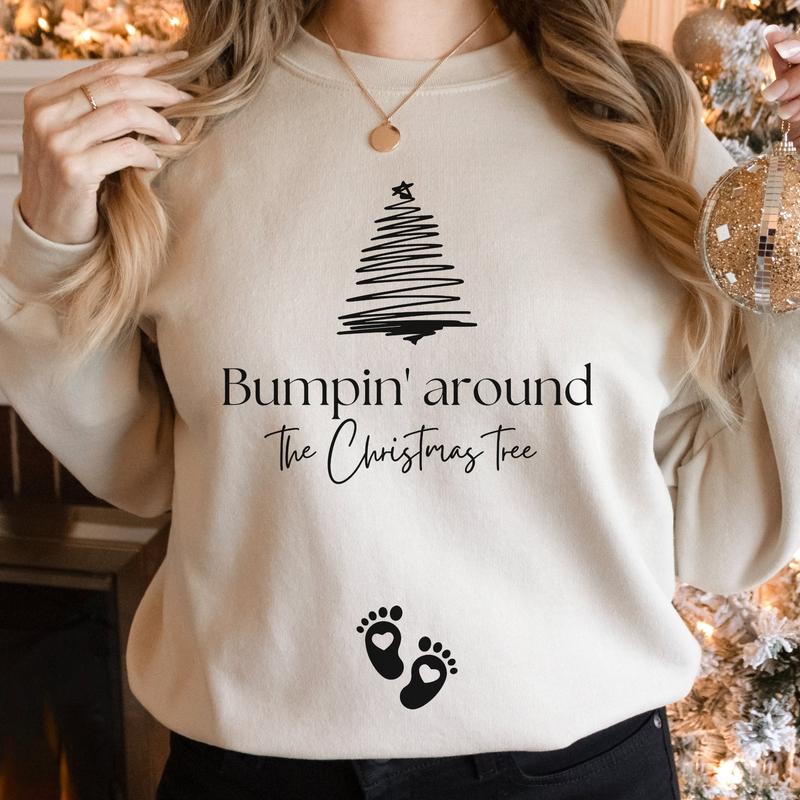 Christmas Pregnancy Announcement sweatshirt, Bumpin around the Christmas tree maternity jumper, Funny Baby reveal crewneck to family