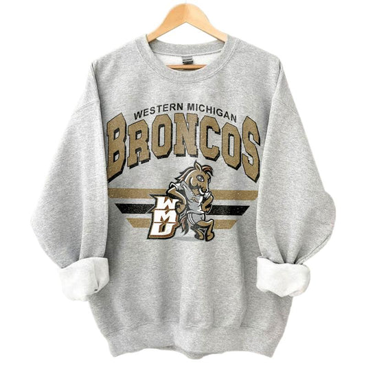 Western Michigan Broncos Vintage NCAA Sweatshirt, Unisex Broncos Football Shirt, Classic Sport Hoodie, Gifts for Fans, Cotton T-Shirt, Hoodie Clothing