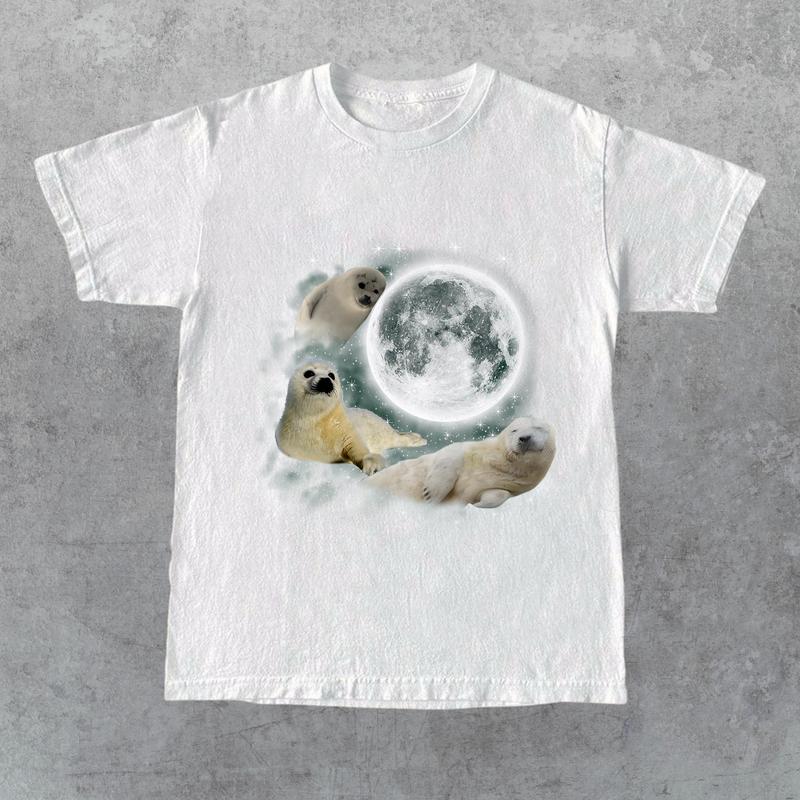 Three Baby Seal Vintage Graphic T-shirts, Retro Sea Dog Moon Tshirt, Seal Lovers, Cute Sea Dog Tee, Relaxed Washed Unisex Adult Tee