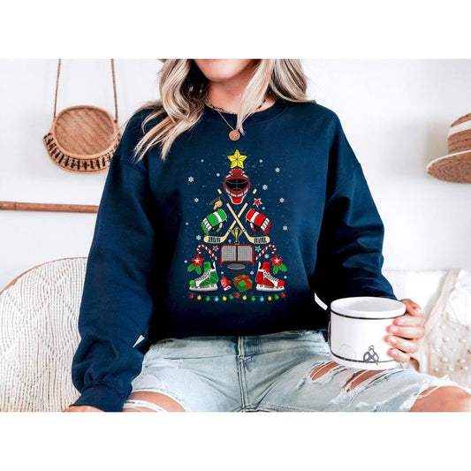 Ice Hockey Christmas Tree Sweatshirt, Ice Hockey Cool Santa Christmas Sweater, Santa Women Men Christmas Sweater, Festive Ice Hockey Lover FBQUG