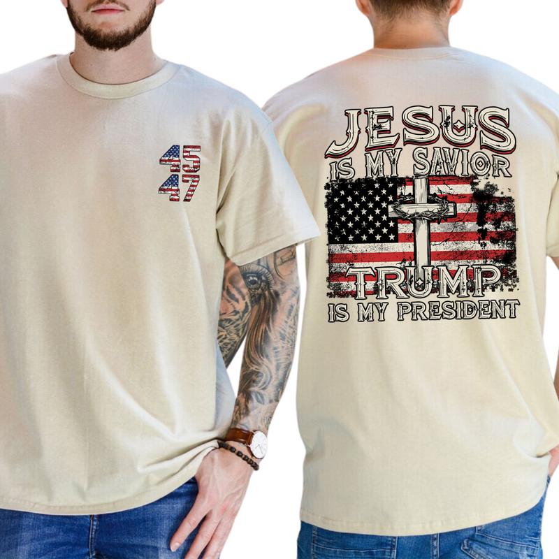 Jesus Is My Savior Trump Is My President T-Shirt, Patriotic Christian Shirts, Religious Political Statement Tee, American Flag Design