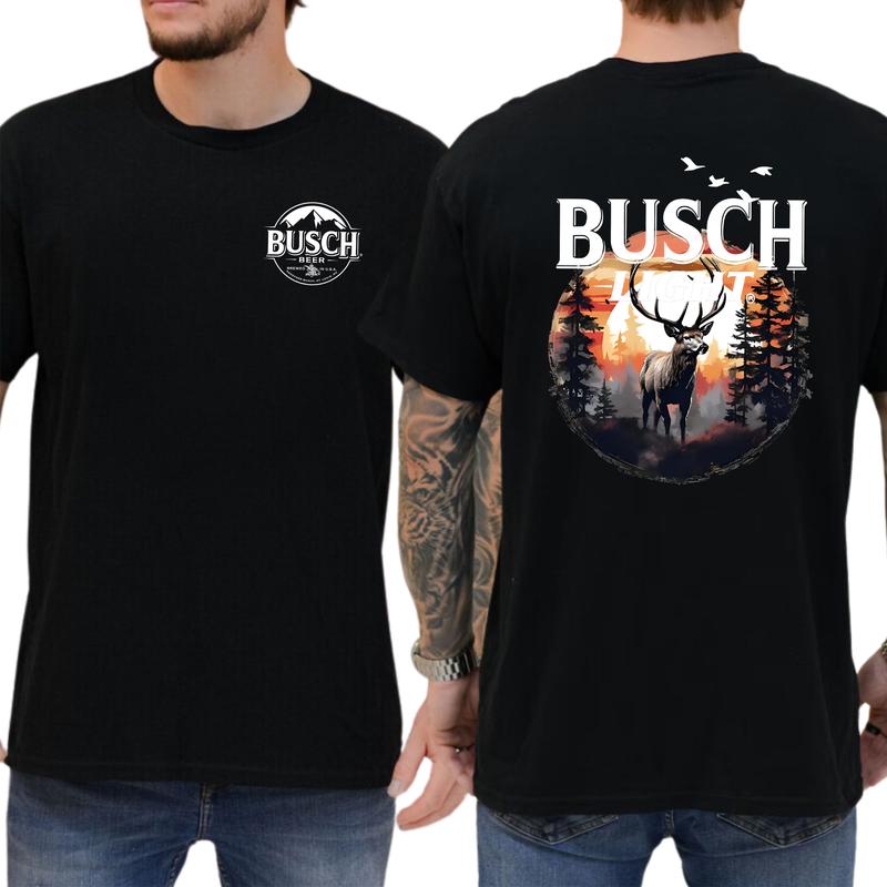 Busch Light Hunt Buck Sunset 2 Sided T-Shirt, Hunting Shirt, Outdoor Life, Buck Hunt, Classic Cotton Top, Soft Fabric Shortsleeve Shirt