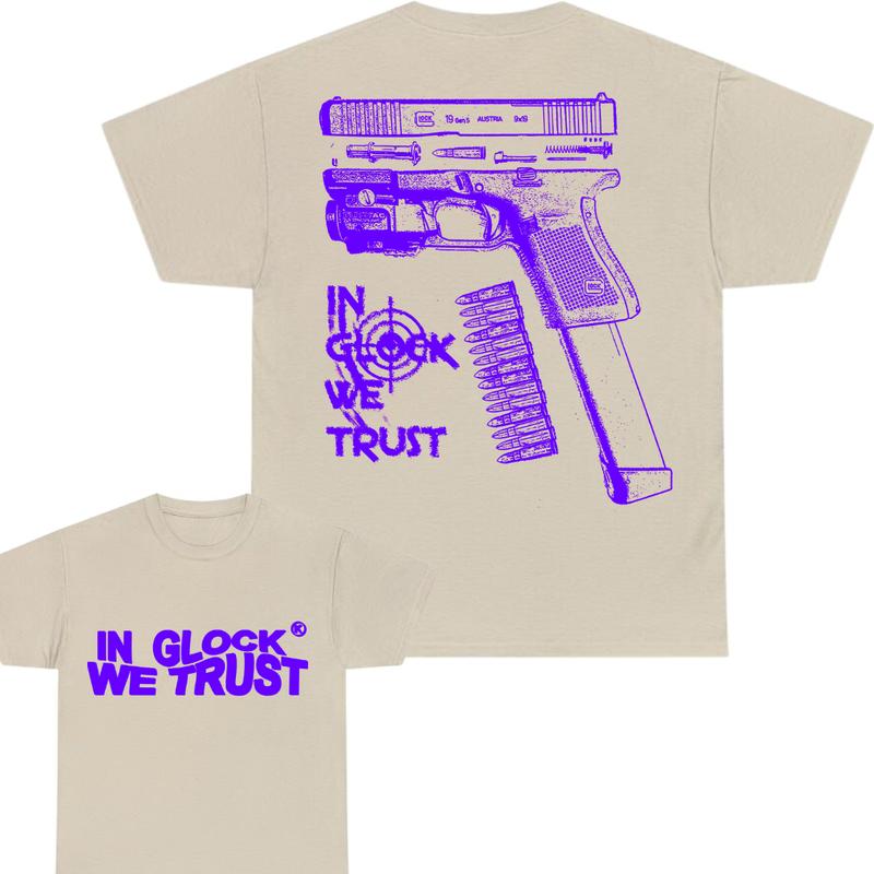 In Glock We Trust Limited edition Double Sided Print ,Full Color Cotton Classic Glock Tshirt for Men and Women - 'In Glock We Trust' - Menswear Collar