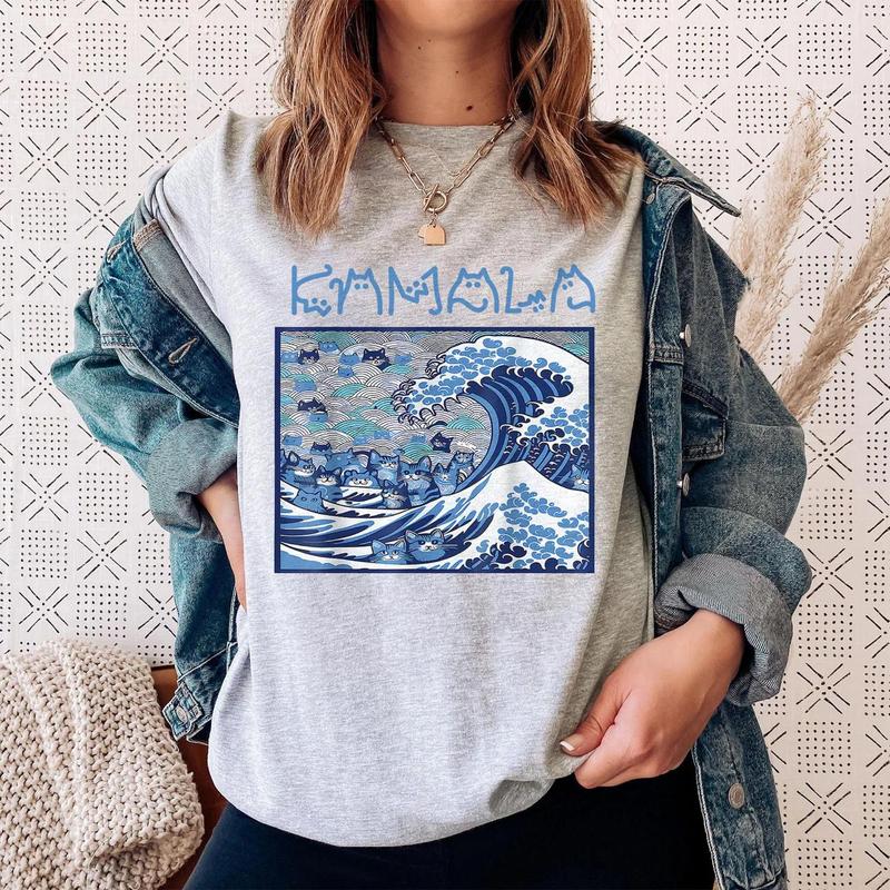 Blue Wave Cat For Kamala Shirt, Ukiyo-e Inspired Japanese Artistic Cat Lover T-Shirt, Trendy Cat Wave Shirt, Kamala Harris 2024 Shirt