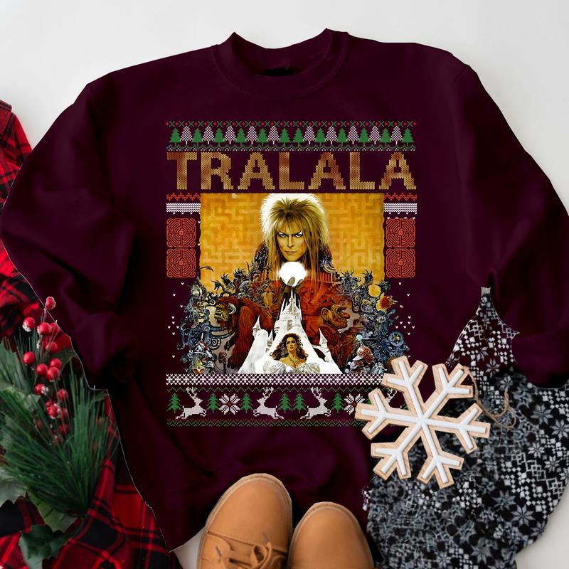 The Labyrinth Ugly Christmas Sweater, Jareth the Goblin King Sweathirt, Tralala Ugly Christmas Crewneck Hoodie