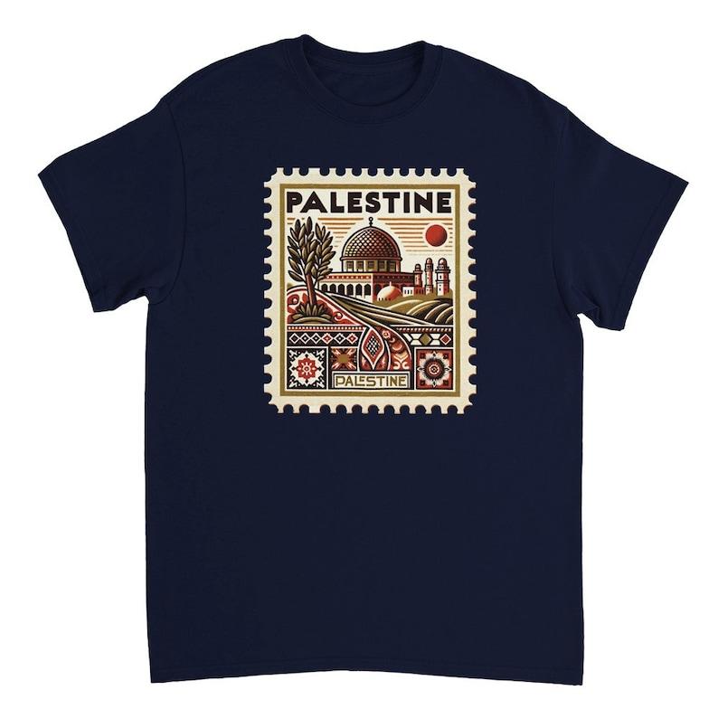 Vintage Palestine Culture Postage Stamp Unisex Crewneck T-shirt Casual Collar Cotton Fabric Cotton Fabric
