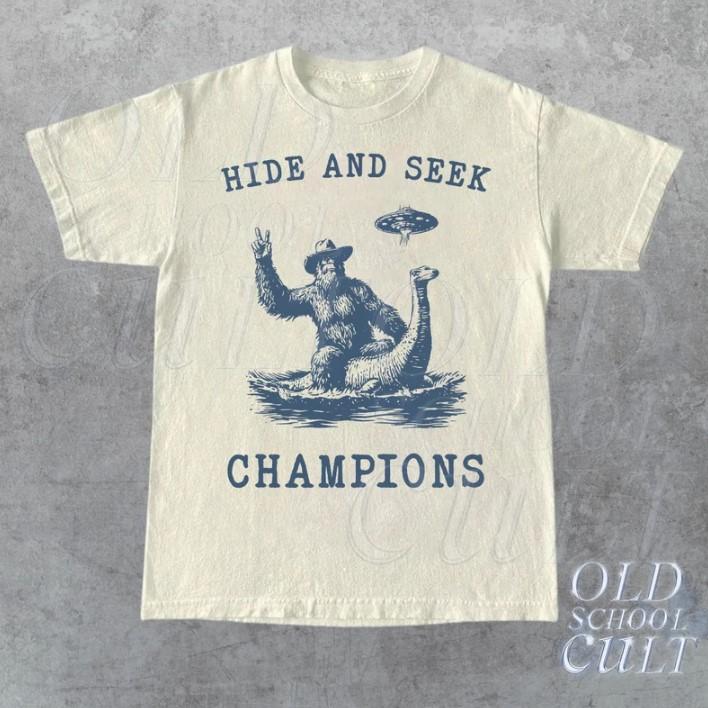 Hide And Seek Ufo Tshirt, Retro Bigfoot Shirt, Bigfoot Riding Dinosaur Shirt