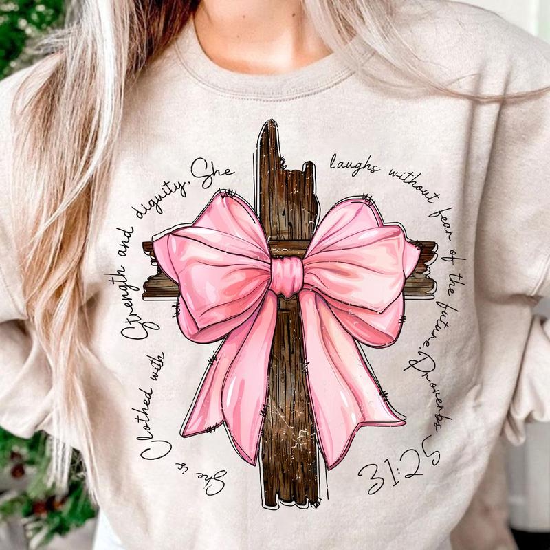 Proverbs She is Clothed with Strength Coquette Bow Light Pink Sweatshirt, Preppy Shirt, Coquette Bow Design, Bible Verse, Christian girls, Christian A