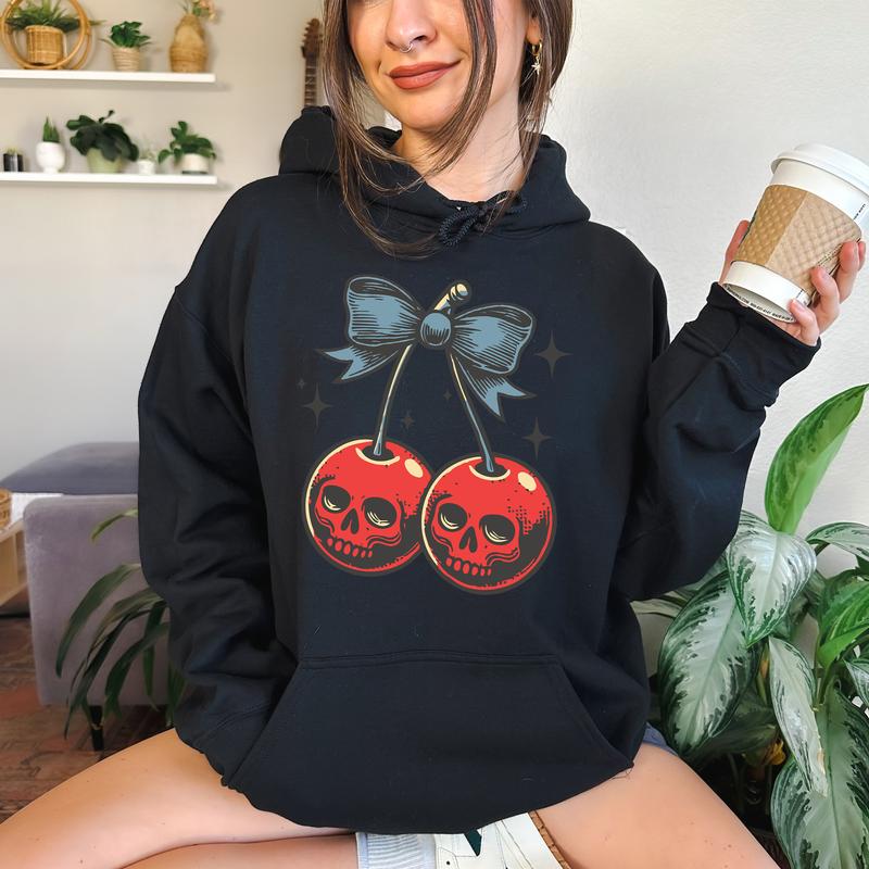 Skull Cherry Cropped Sweatshirt- DTF Print, Christmas Crewneck, Gift Idea, Relaxed Fit, Casual Apparel