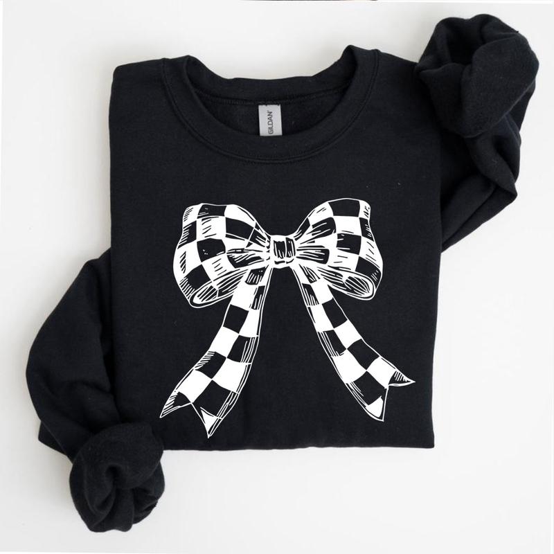 Coquette Checkered Black Bow Sweatshirt, Coquette Bow Sweater, Gift for Women